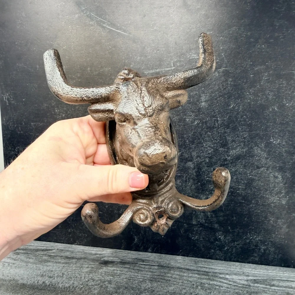 Cast Iron Bull Double Wall Hook Western Ranch Farmhouse Decor
